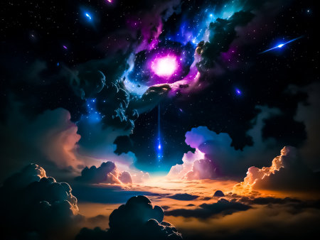 Fantasy night sky with clouds and sun. 3d illustration.の素材