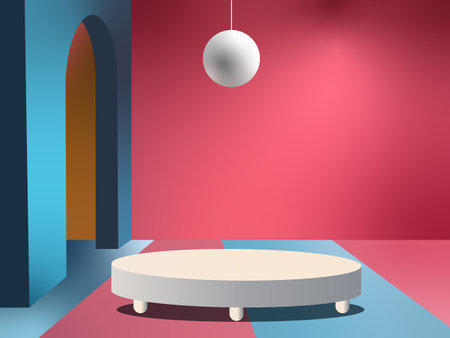 Podium in the red room with arch and lamp. Vector illustrationのイラスト素材