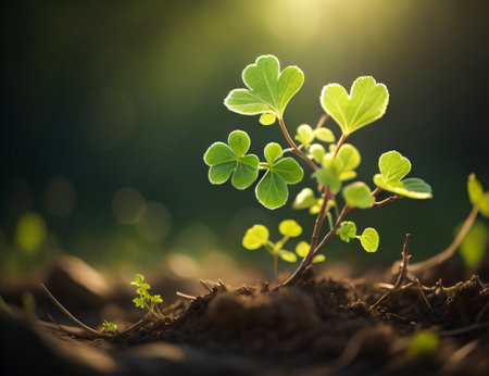 Young green plant growing in soil with sunlight and bokeh backgroundの素材