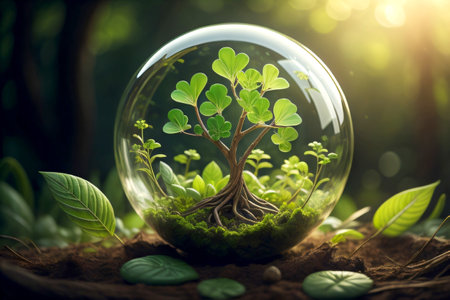 Green tree in a glass sphere. Environment conservation concept. 3D Renderingの素材