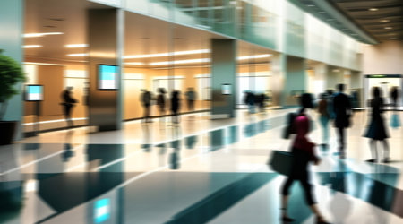 Blurred image of business people walking in the lobby of the airportの素材
