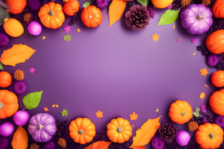 Creative layout made of pumpkins and autumn leaves on purple backgroundの素材