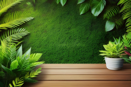 tropical green leaves background with wood table and space for text.の素材