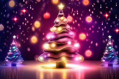Christmas tree with bokeh background, 3d illustration, horizontalの素材
