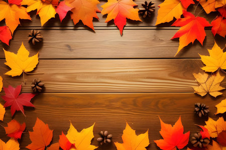 Autumn leaves on wooden background with copy space for your text.の素材