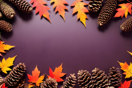 Autumn leaves and pine cones on purple background with copy space.の素材