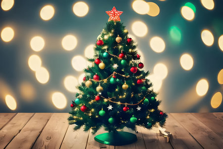 Christmas tree on wooden floor with bokeh background. 3d renderingの素材