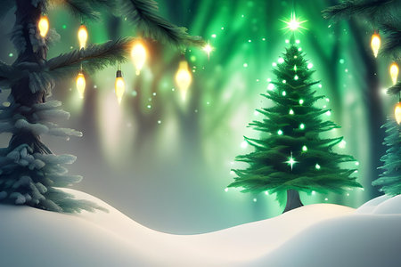Christmas background with fir tree, snow and lights. Vector illustration.の素材