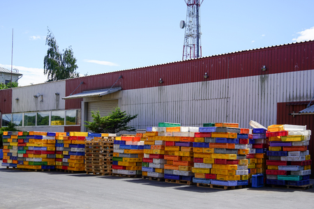 fish boxes in the portの写真素材