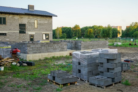 Concrete foundation of a new house, wall constructionの写真素材