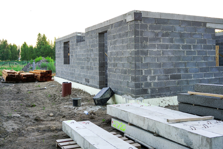 Concrete foundation of a new house, wall constructionの写真素材