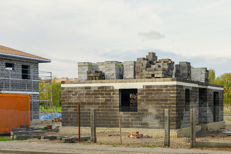 Concrete foundation of a new house, wall constructionの写真素材