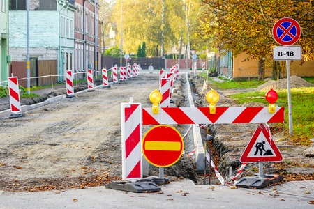 traffic constraints during street repairs, warning signsの写真素材