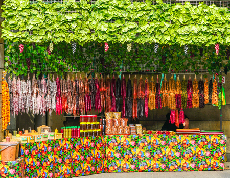 colorful shop with fresh fruit, spices and georgian traditional homemade sweets churchkhela, Tbilisi, Georgiaの写真素材