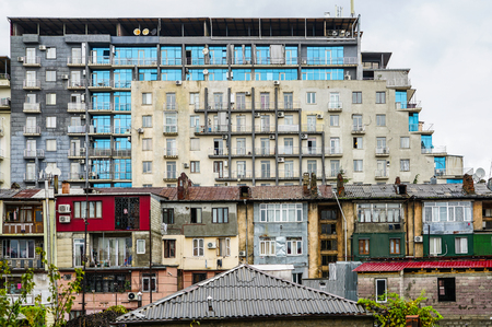 poor suburban block of soviet flats, construction, balconyの写真素材