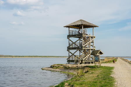 wooden bird observation tower in the Liepaja lakeの写真素材