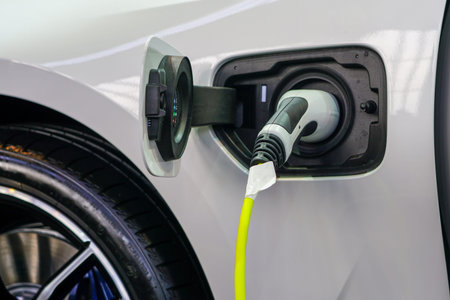 The electric car charger plugged in to the socket, the modern electric car charging the battery