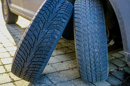 comparison used and new car winter tire before changing tires