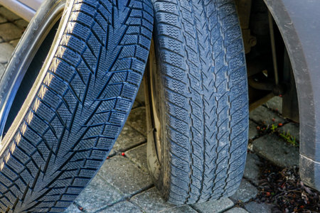 comparison used and new car winter tire before changing tires
