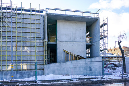 Concrete formwork with a folding mechanism and floor beams on construction site of a new modern...