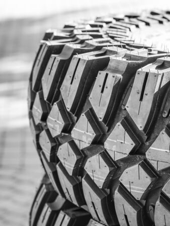 closeup view of brand new mud and terrain tire treadの写真素材