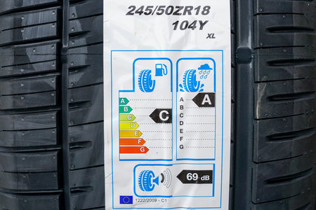 information sticker on tire with information about level of noise, braking distance on wet road and...