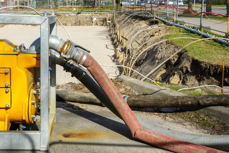Large yellow portable electric water pump with hose for dewatering the deep pit of the building...