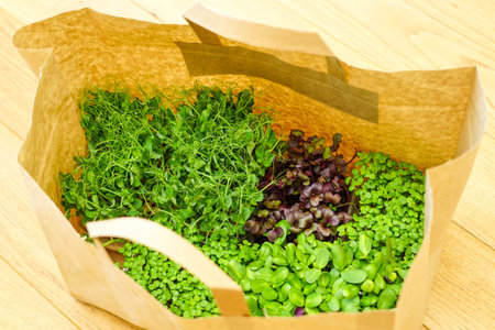 Radish, sunflower, mustard and beans pea sprouts in a paper bag from recycled materials, top view