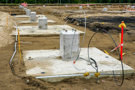 Row of concrete footings for steel columns at the construction site of a new modern industrial buildingの写真素材