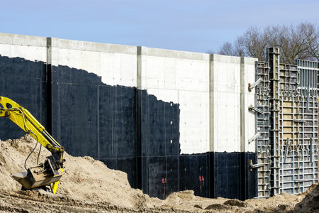 Concrete wall of a huge water reservoir built using concrete formwork, partly covered with black waterproofing sealant and earthの写真素材