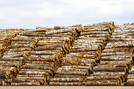Big and tall stacks of birch logs, timber industry storage for export, for plywood industry, deforestation of the planetの写真素材