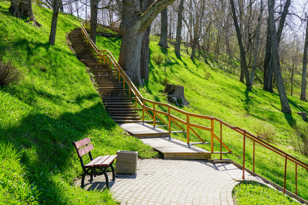 A beautiful walking path with wooden stairs in a nature park in a hilly area, springtime sunlight