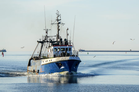 A small fishing vessel returns after fishing to the port, beautiful view with blue sky and seagulls,...