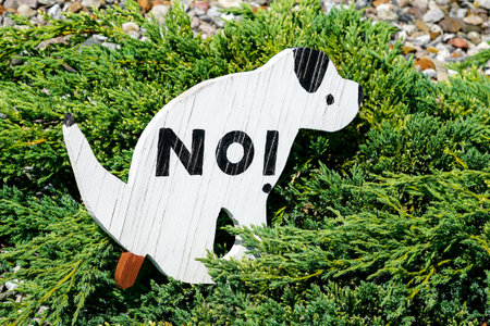 Original wooden warning sign in the form of a dog No dogs poop zone, dogs are not allowed to poop, pooping forbiddenの写真素材