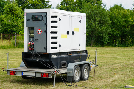 Connected large rental diesel generator on a mobile trailer for outdoor event power supply, towable, transportable power for different purposesの写真素材