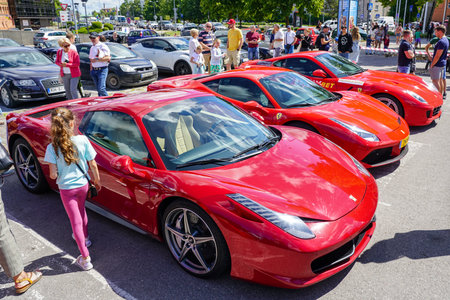Liepaja, Latvia- July 20, 2023: European Ferrari car owners event and public car show, Ferrari 458 Italia in foregroundのeditorial素材