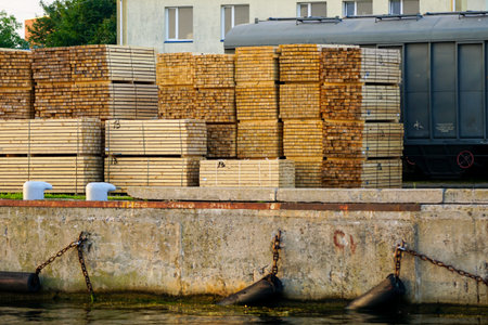 Finished lumber products stacked in stacks on the harbor canal embankment, railway wagon in the...