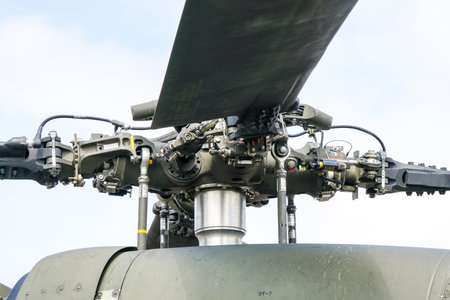 Liepaja, Latvia- August 06, 2023: Helicopter Black Hawk UH-60 rotor and blades closeup at airshow,...