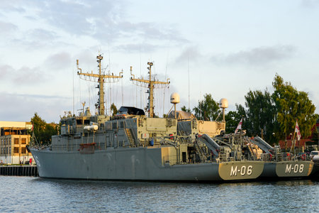 Liepaja, Latvia- August 16, 2023: Latvian Navy gray warships M-06 and M-08 moored in the Liepaja...