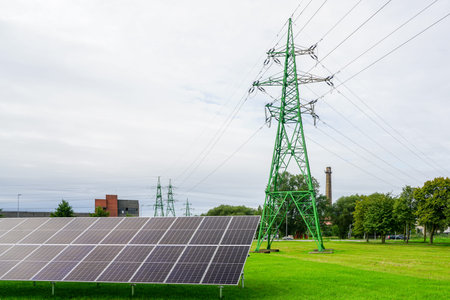 Solar panels power plant on metal frames in a green meadow near high voltage power line, alternative...