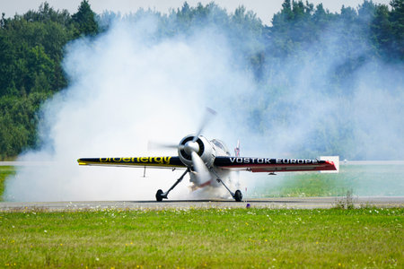 Liepaja, Latvia - August 06, 2023 - Aerobatic Lithuanian pilot Jurgis Kairys with his Sukhoi SU-31...