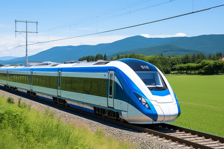 A new modern high speed train in motion on the high speed rails outside the cityの素材