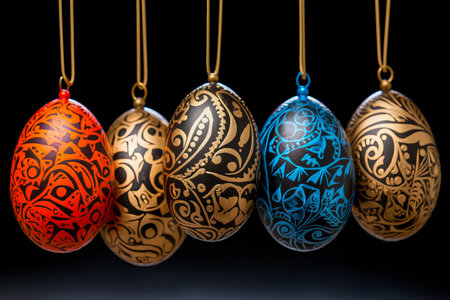 Traditional Easter egg tree, adorned with a skillfully hand painted decorated eggs, hanging from its branches, black backgroundの素材