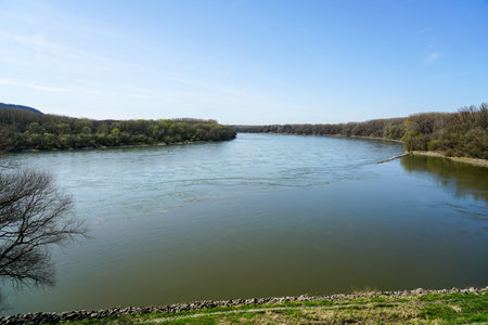The mouth of the Morava river in the Danube near the Devin castle, confluence of two rivers,...