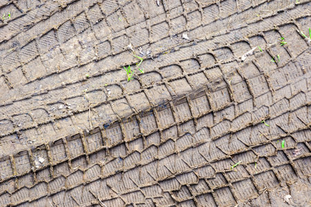 Car tire tread pattern prints in the mud, wheel protector marks texture, tyre tracks in the mud,...