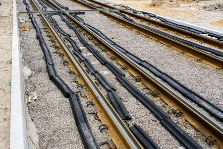 Attaching black polyurethane pads to new tram rails to reduce vibration and noise emissionsの写真素材