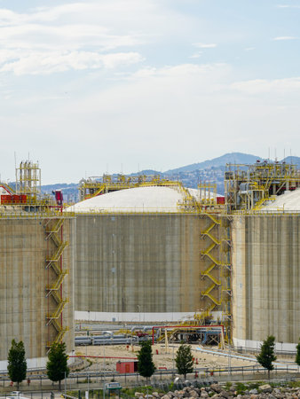 LNG gas terminal large storage reservoirs in Barcelona port, liquefied natural gas supply, energy source diversificationの写真素材