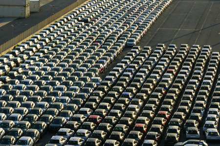 Industrial area of the port filled with many new cars, parking lot with new cars, new car parking in the open airの写真素材