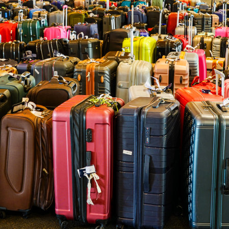 Many different sizes and colors variegated rolling travel suitcases in the passengers baggage terminal, wheeled luggage storage, many trolley bagsの写真素材