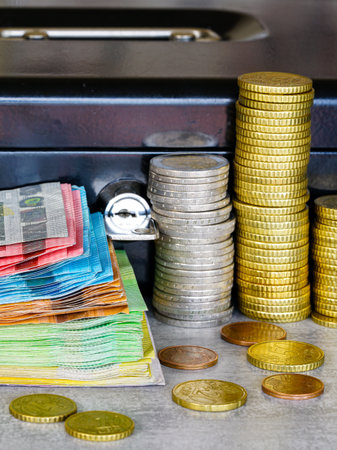 A stack of euro banknotes of all denominations and pyramids of euro coins near a lockable metal money box, cash money, euro billsの写真素材